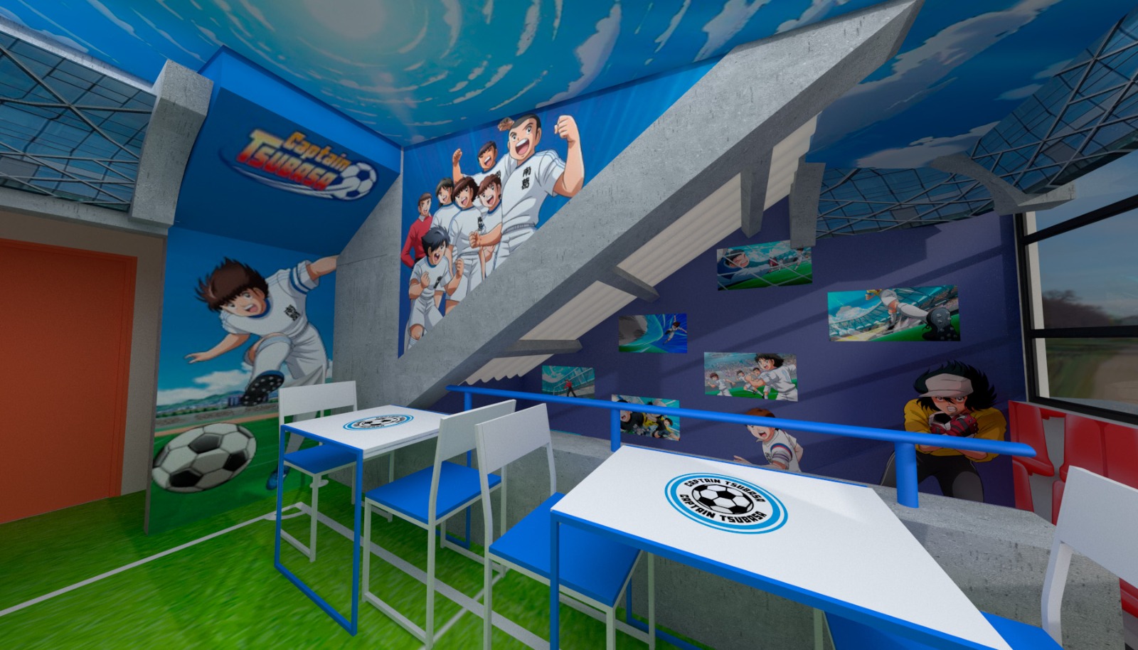Ambientación temática Captain Tsubasa: vista general con mural del equipo, techo de cielo y piso tipo cancha