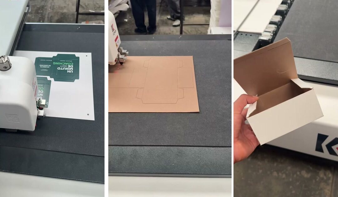 Mesa de corte y hendido digital de Impresos 24 cortando cajas de microcorrugado en tiraje corto