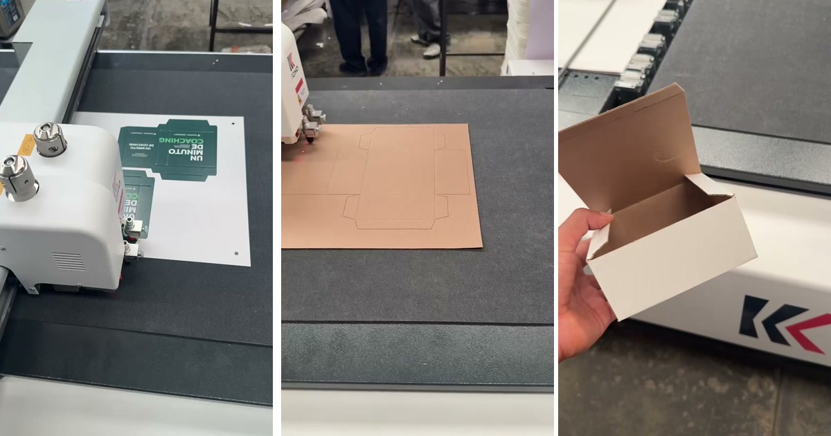 Mesa de corte y hendido digital de Impresos 24 cortando cajas de microcorrugado en tiraje corto