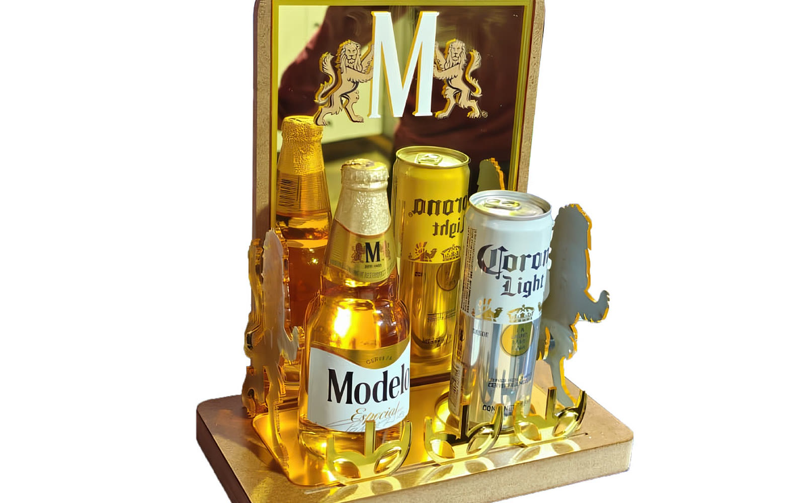 Exhibidor de acrilico espejo y metal curvo para cerveza