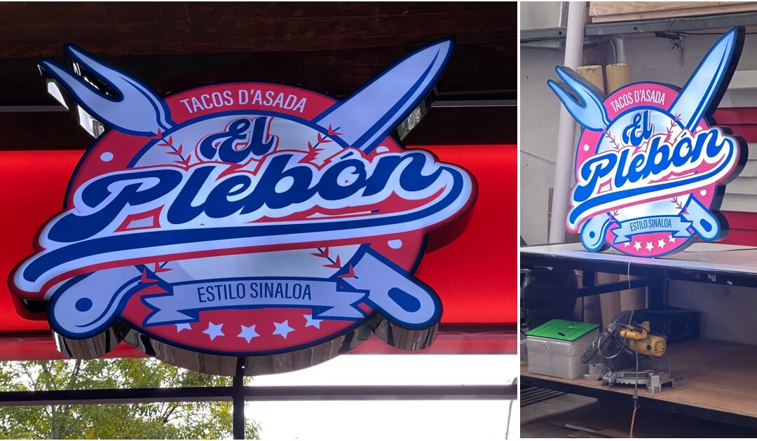 Letrero luminoso de El Plebón, Tacos d'Asada estilo Sinaloa, en acrílico formado a figura sobre caja de luz roja en un local de contenedor, fabricado e instalado por Impresos 24