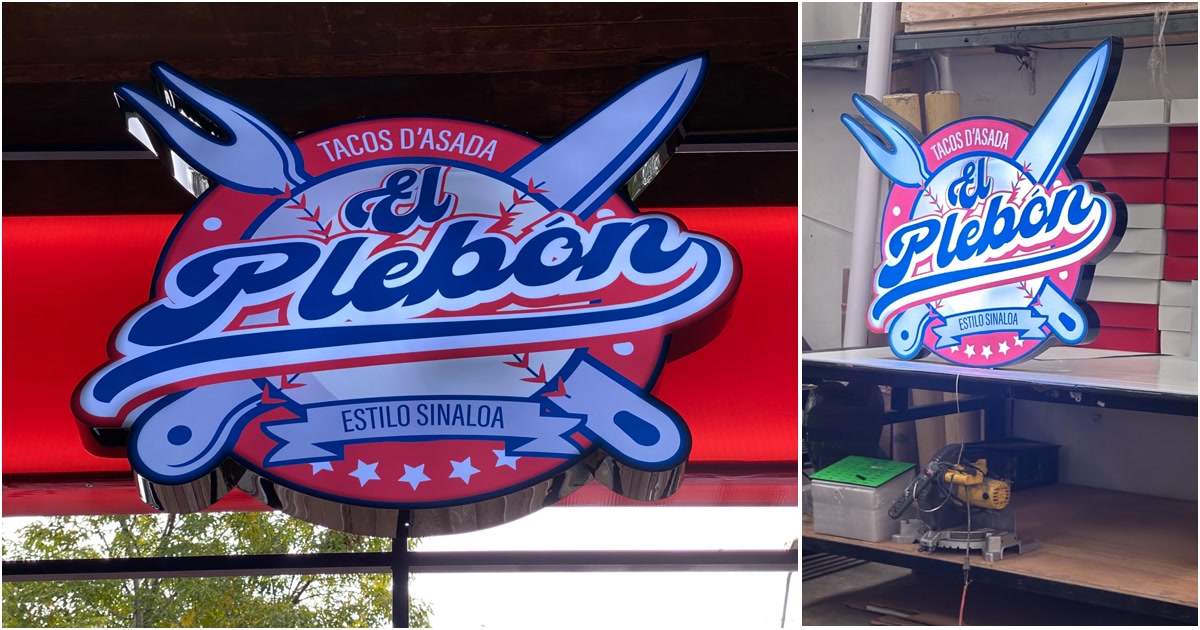 Letrero luminoso de El Plebón, Tacos d'Asada estilo Sinaloa, en acrílico formado a figura sobre caja de luz roja en un local de contenedor, fabricado e instalado por Impresos 24