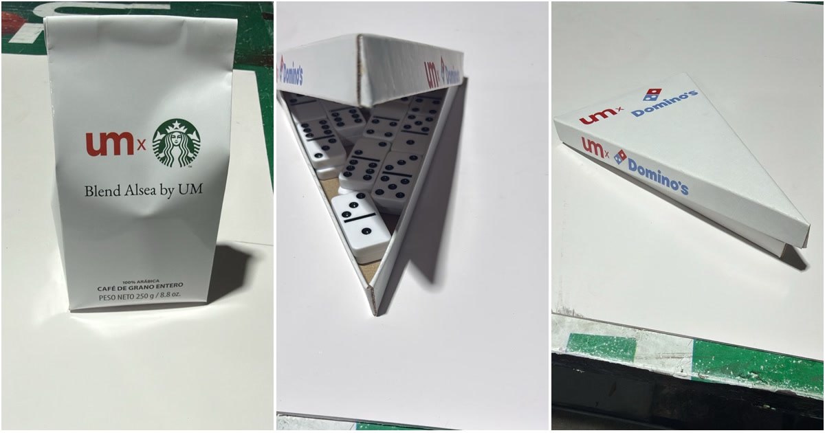 Bolsa de café de grano de 250 g y caja triangular en forma de rebanada de pizza con un juego de dominó
