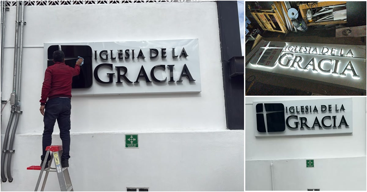 Caja de luz de la Iglesia de la Gracia instalada en la fachada y encendida en taller, con letras de aluminio y luz detrás de las letras