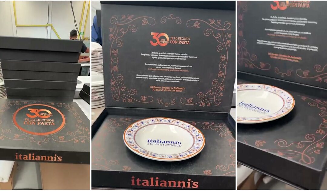 El estuche del plato conmemorativo de los 30 años de Italianni’s: diseñado y producido por Impresos 24